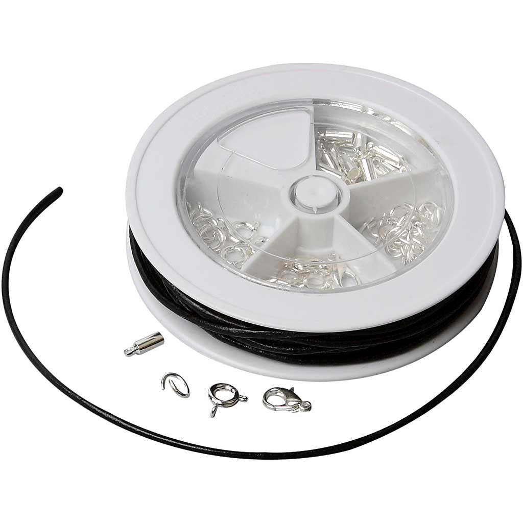 Jewellery Starter Kit, Leather laces, black, silver-plated, 1 set-boobam