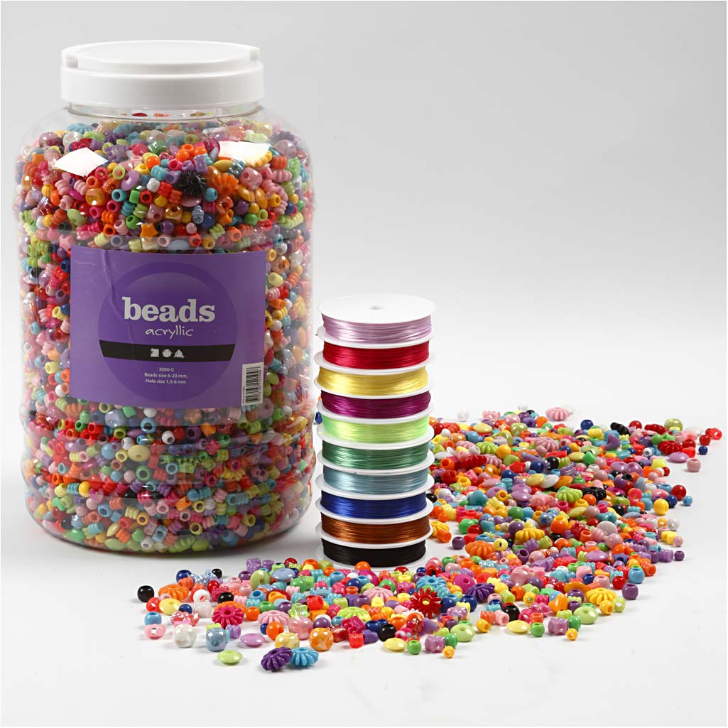Plastic Beads and Elastic Beading Cord, Size 6-20 mm, hole size 1,5-6 mm, ca. 3000 g, 1 pack-boobam