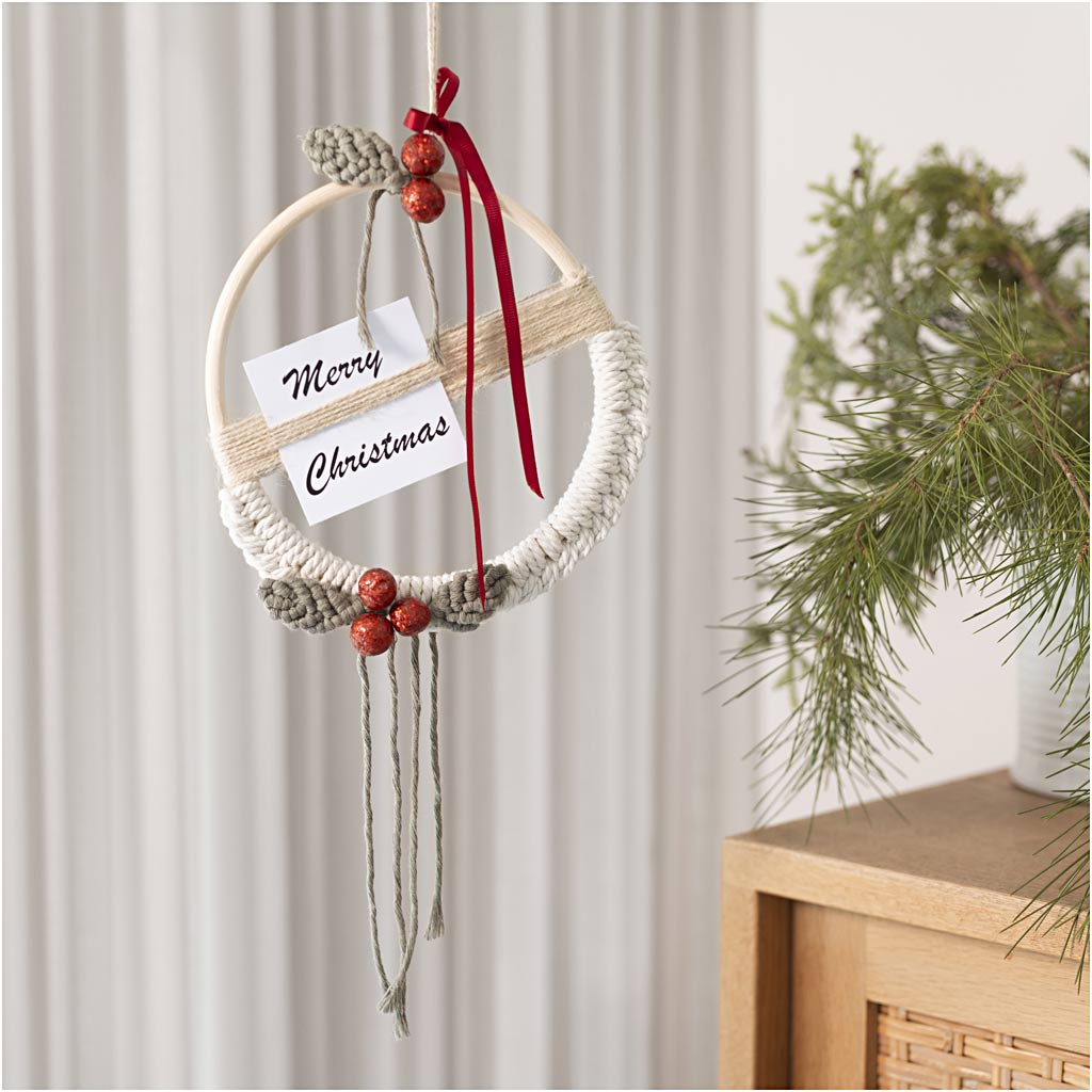 Craft Kit Macramé, Christmas wreath, moss green, christmas red, off-white, 1...-boobam