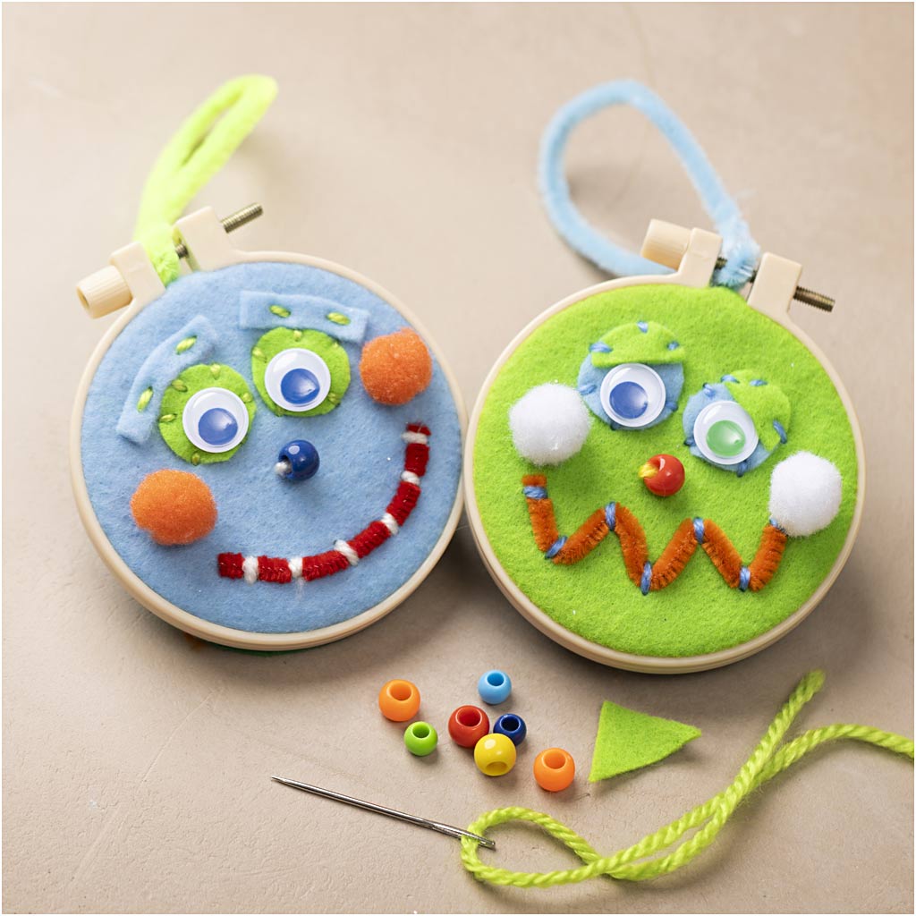Mini Craft Kit Embroidery, Faces, blue, green, 1 pack-boobam
