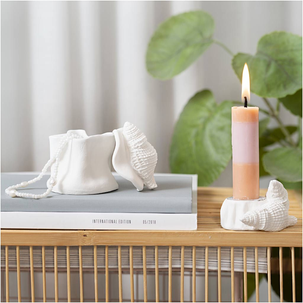 Mini Craft Kit Modelling, Candle holder with shells, off white, 1 pack-boobam