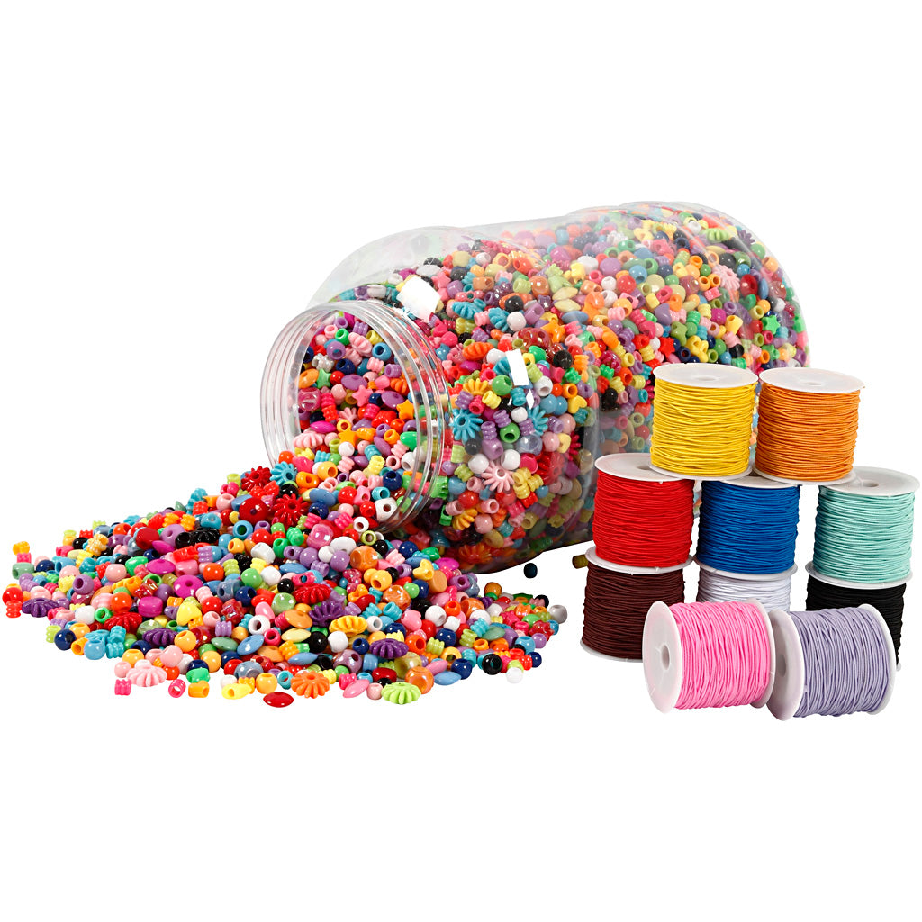 Bucket of Plastic Beads & Elastic Cords, 1 set-boobam