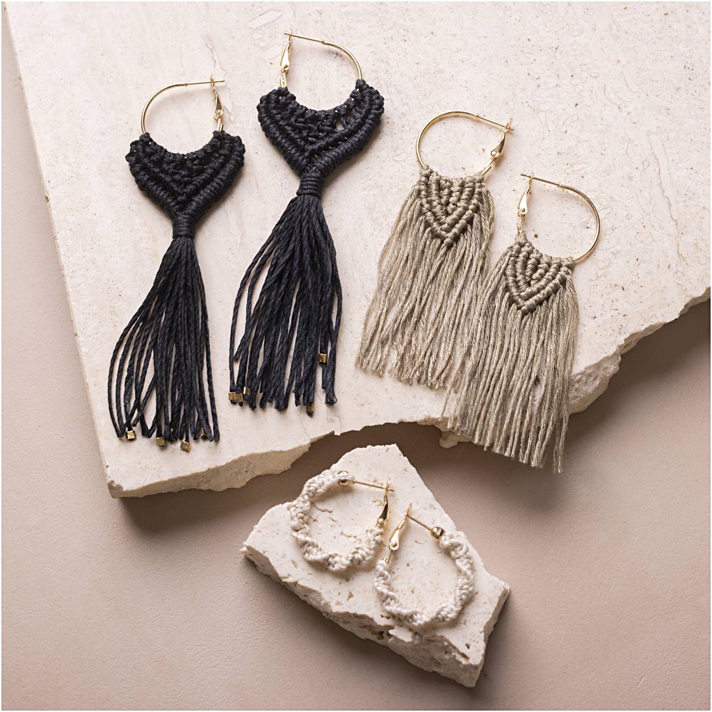 Mini Craft Kit Macramé, Earrings, black, olive-brown, sand, 1 pack-boobam