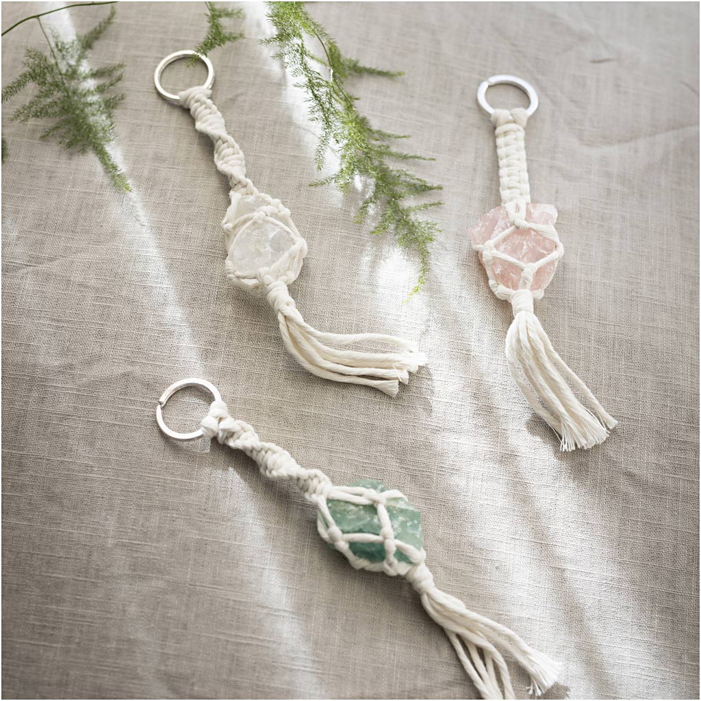 Mini Craft Kit Macramé, Key rings, matt transparent, dusty green, dusty rose, lig...-boobam