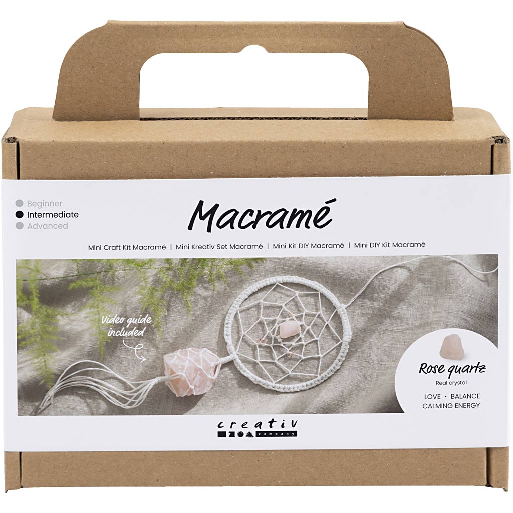 Mini Craft Kit Macram?, Dreamcatcher with rose quartz crystal, light rose, white, 1 pack-boobam