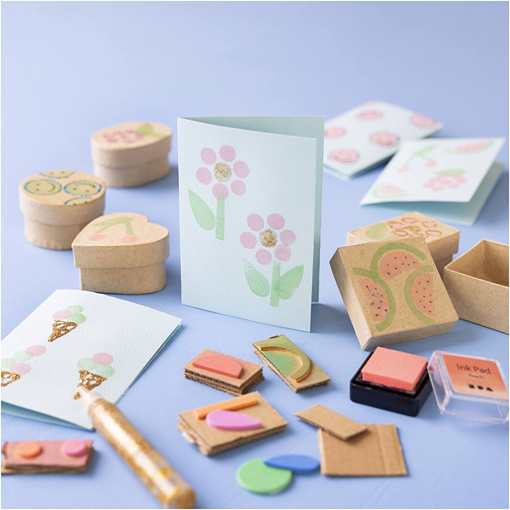 Craft Kit Foam Printing, Decorated boxes and cards, beige, mid-green, mint, clear ...-boobam