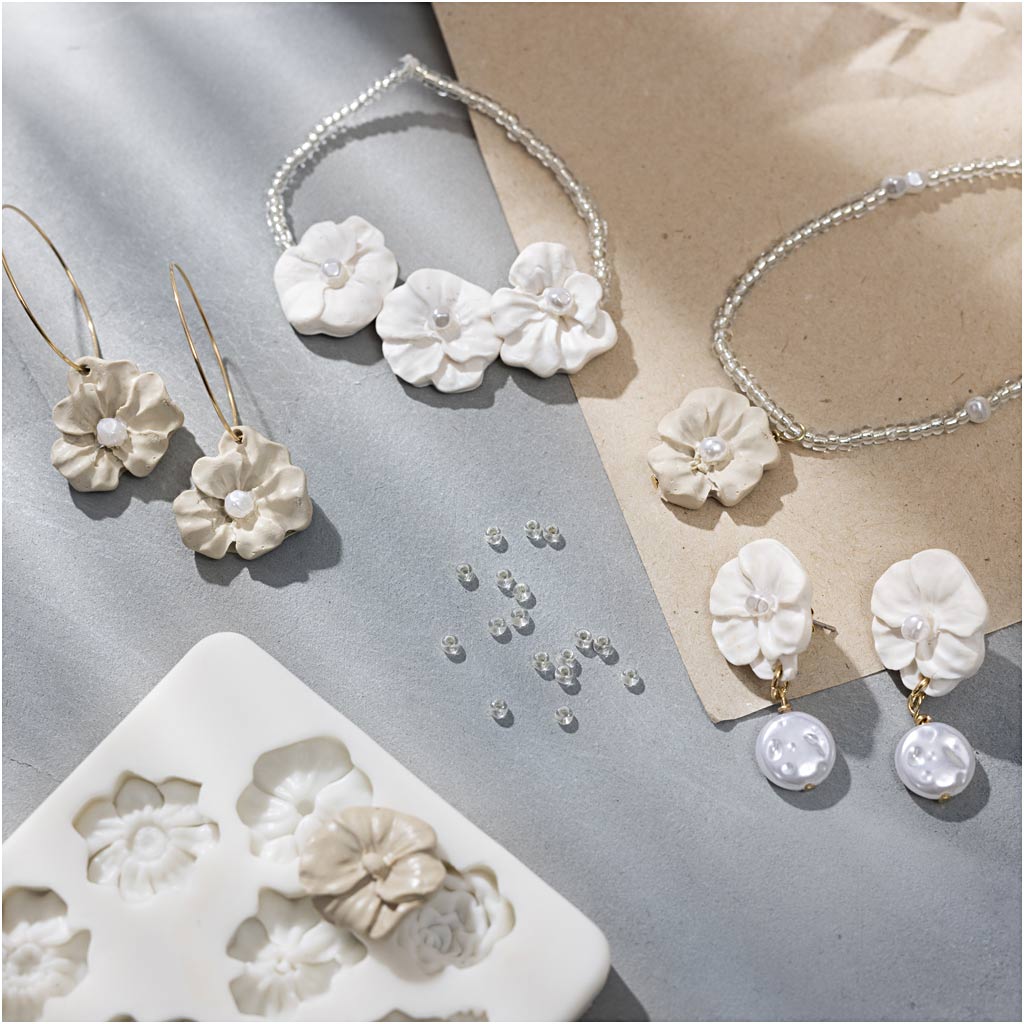 Mini Craft Kit Jewellery, Floral-design earrings, bracelet and necklace, beige, lig...-boobam