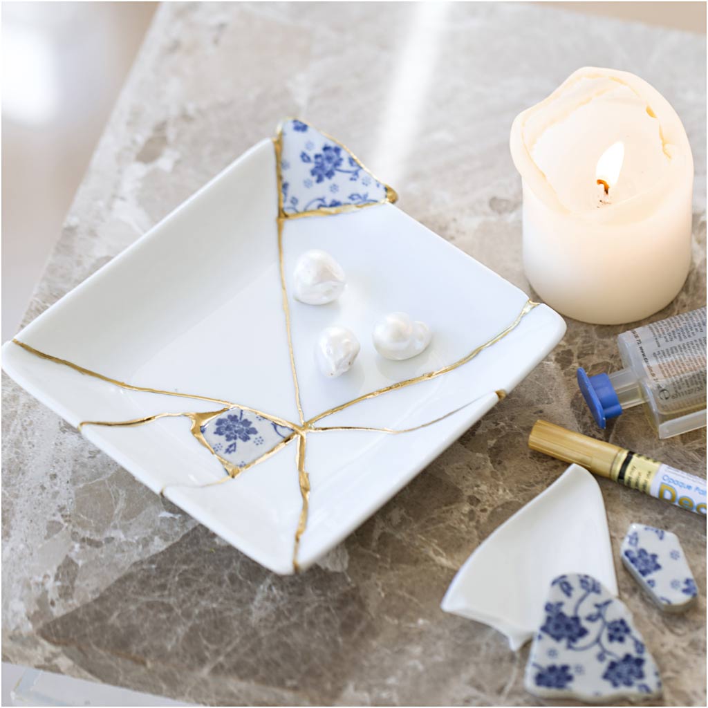 Craft Kit Kintsugi, Dish, blue, gold, white, 1 pack-boobam