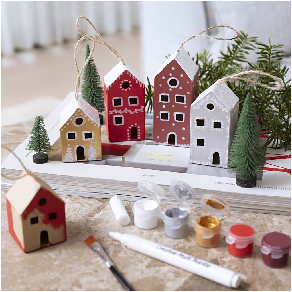 Mini Craft Kit Decoration, Houses, christmas colours, 1 pack-boobam