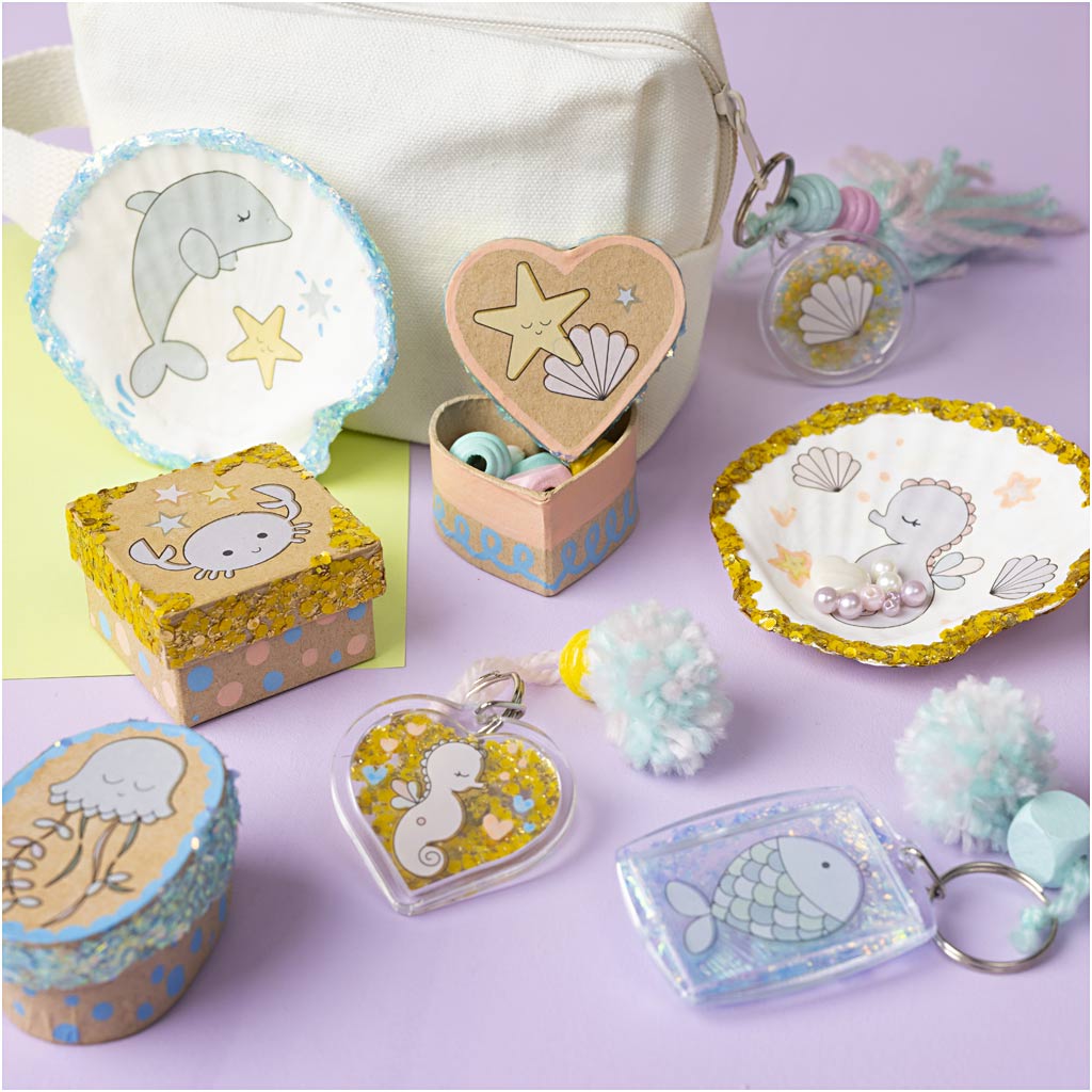 Craft Kit Decoration, Boxes, shells, key rings, pastel colours, 1 pack-boobam